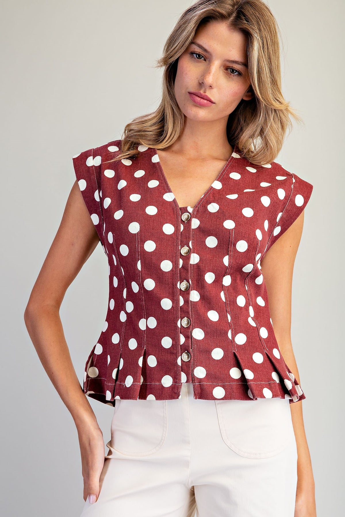 Mineral Washed Polka Dot Pleated Top