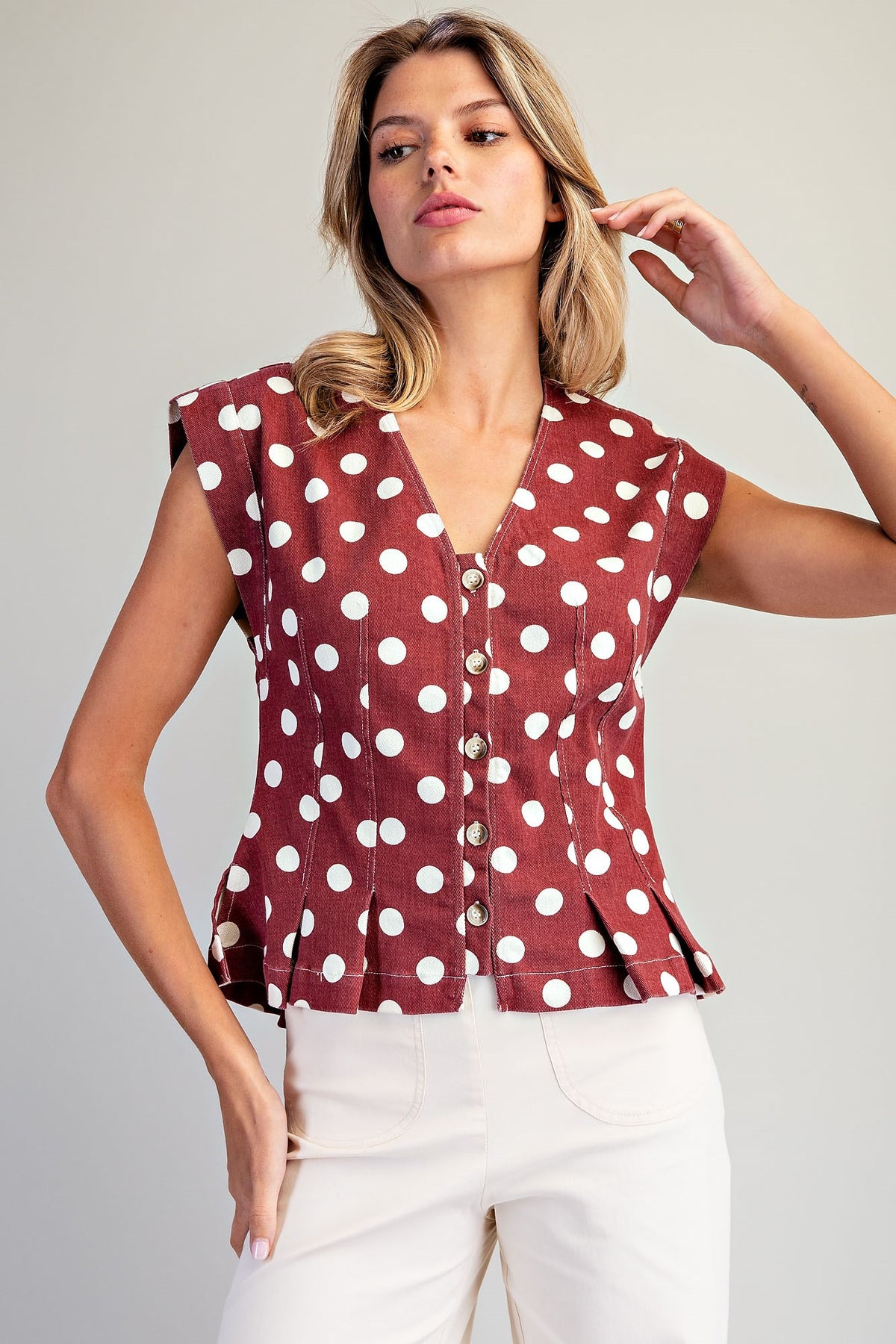 Mineral Washed Polka Dot Pleated Top