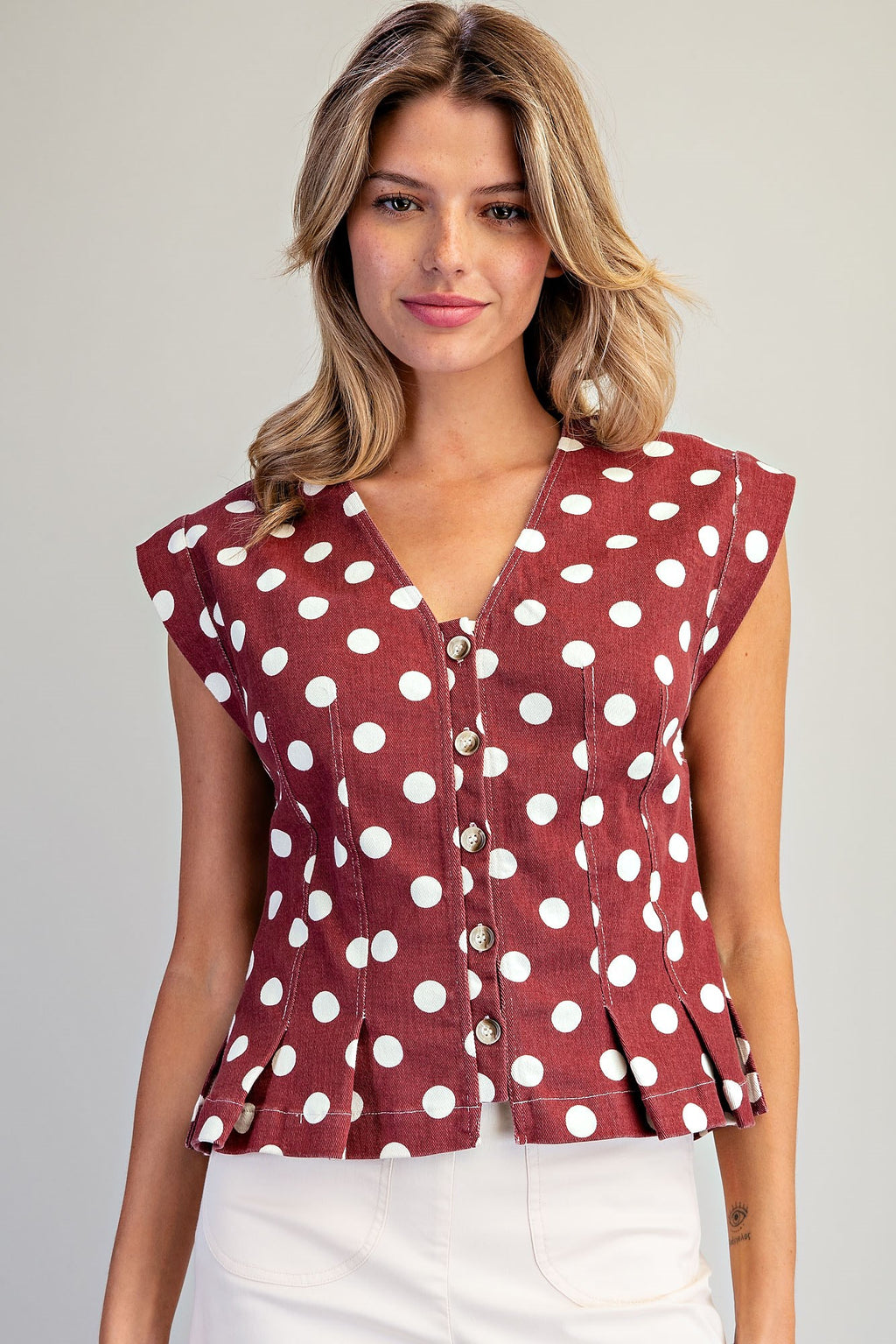 Mineral Washed Polka Dot Pleated Top