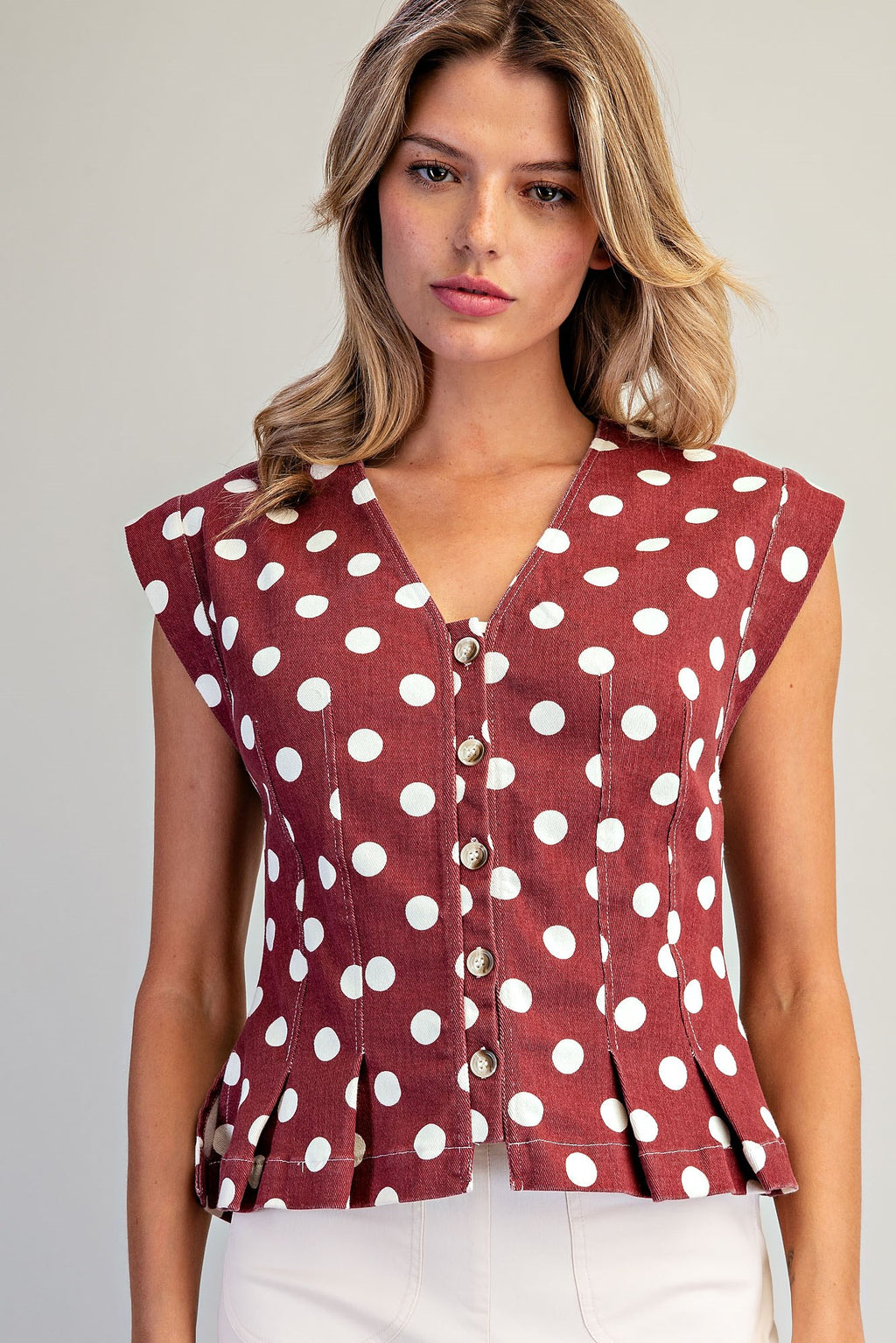 Mineral Washed Polka Dot Pleated Top