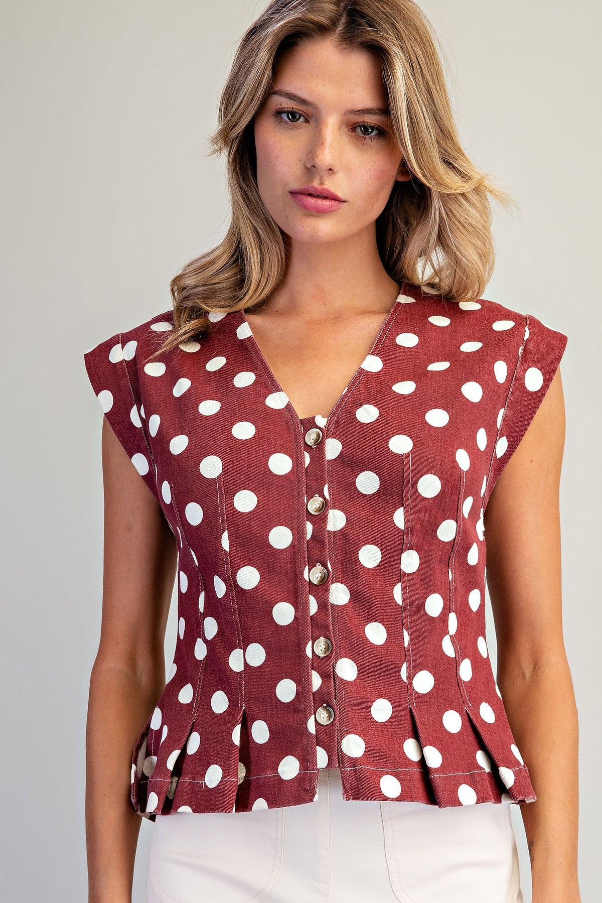 Mineral Washed Polka Dot Pleated Top