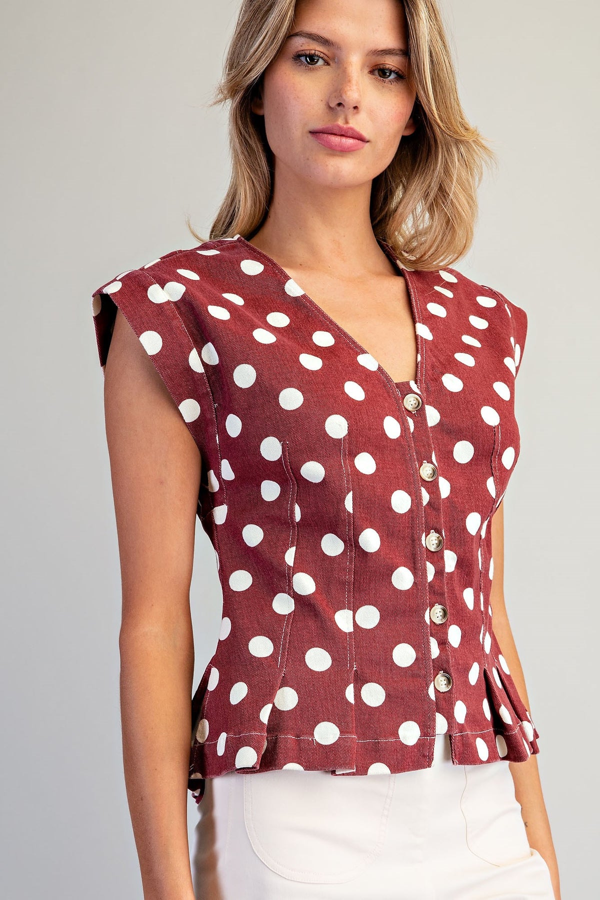 Mineral Washed Polka Dot Pleated Top
