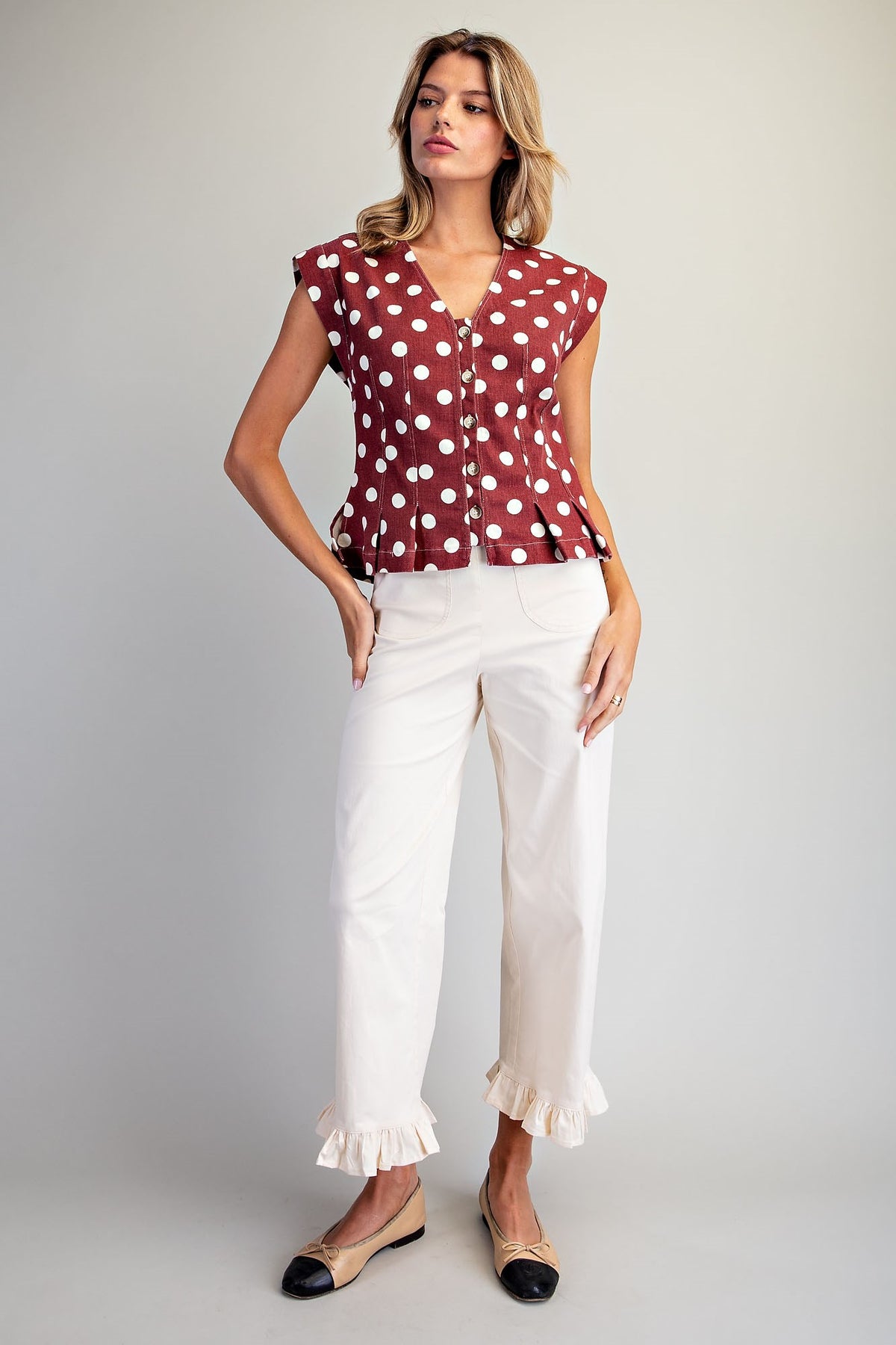 Mineral Washed Polka Dot Pleated Top