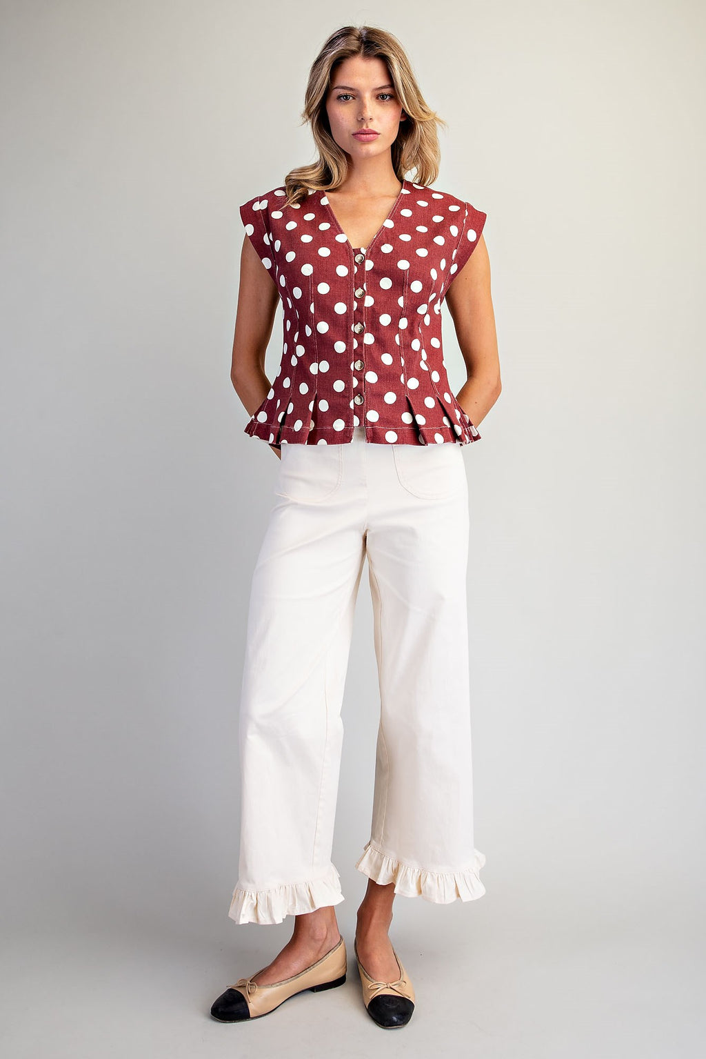 Mineral Washed Polka Dot Pleated Top