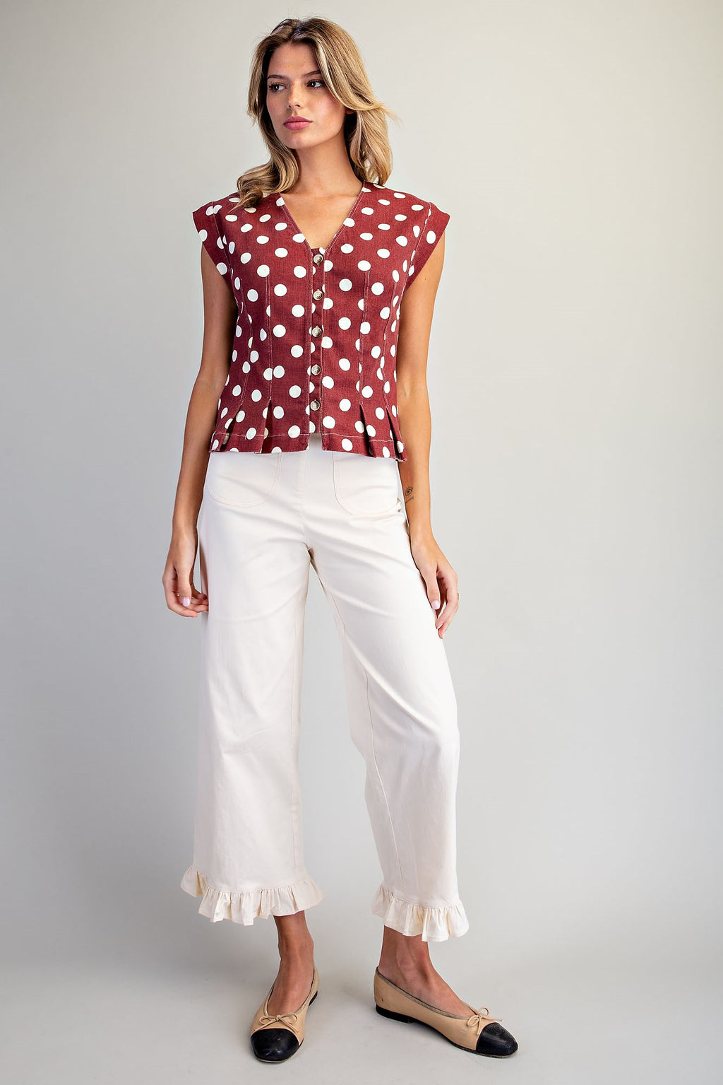 Mineral Washed Polka Dot Pleated Top