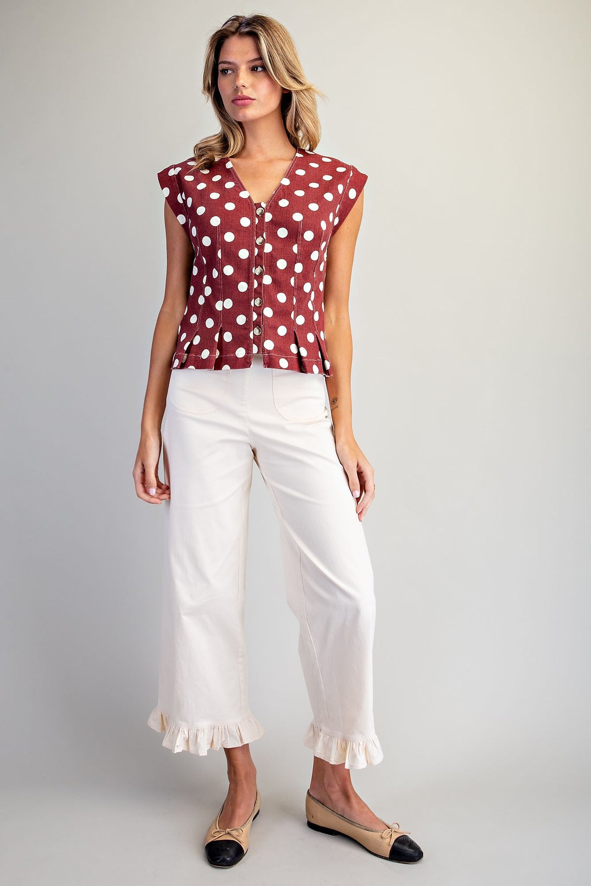 Mineral Washed Polka Dot Pleated Top
