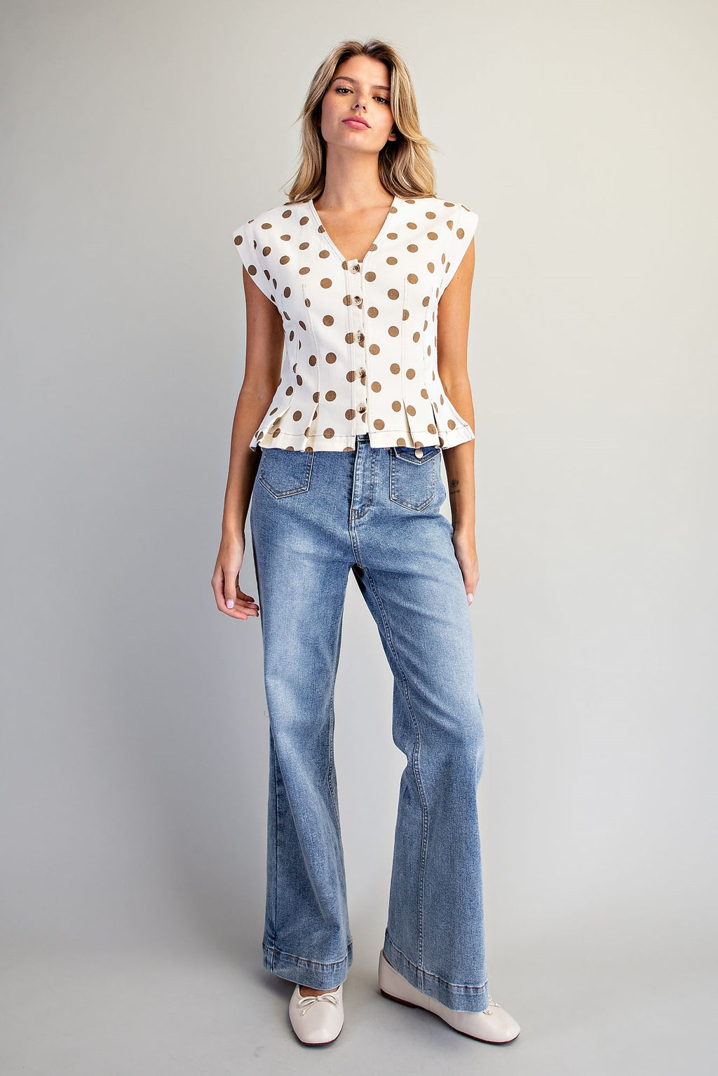 Mineral Washed Polka Dot Pleated Top
