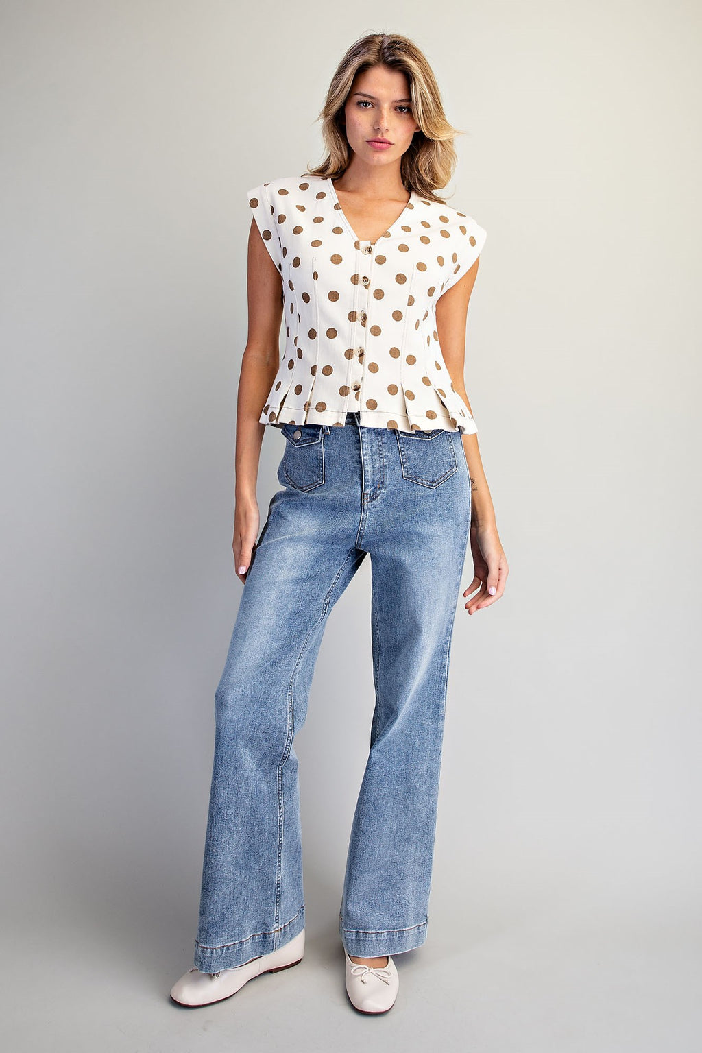 Mineral Washed Polka Dot Pleated Top