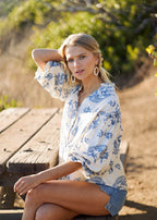 Women's Blue and White Floral Button Down Blouse