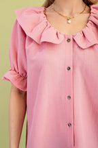 Button Up Women's Blouse with a Frilled Collar and Sleeves