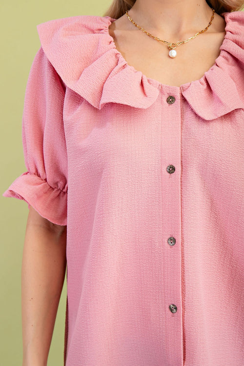 Button Up Women's Blouse with a Frilled Collar and Sleeves
