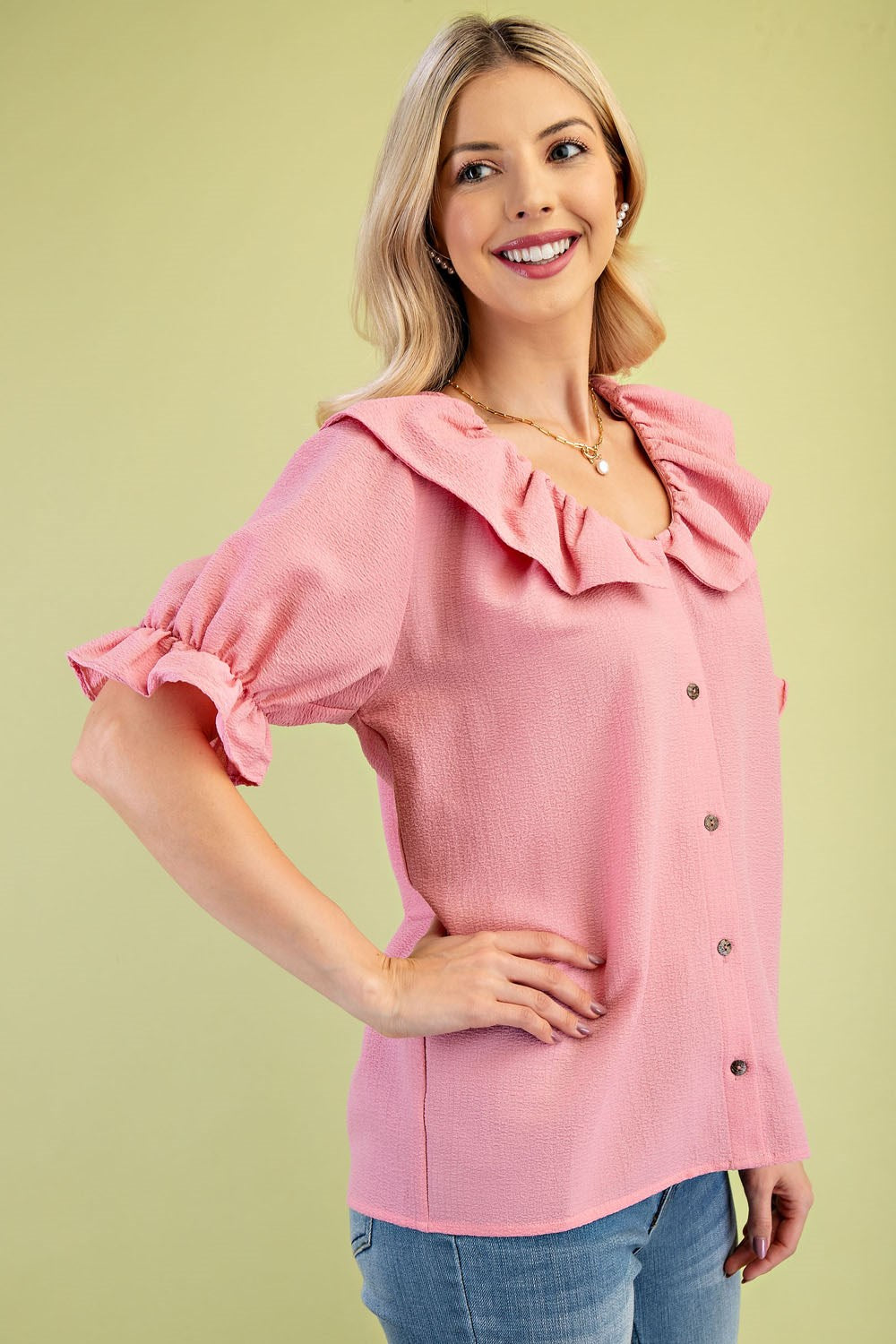 Button Up Women's Blouse with a Frilled Collar and Sleeves