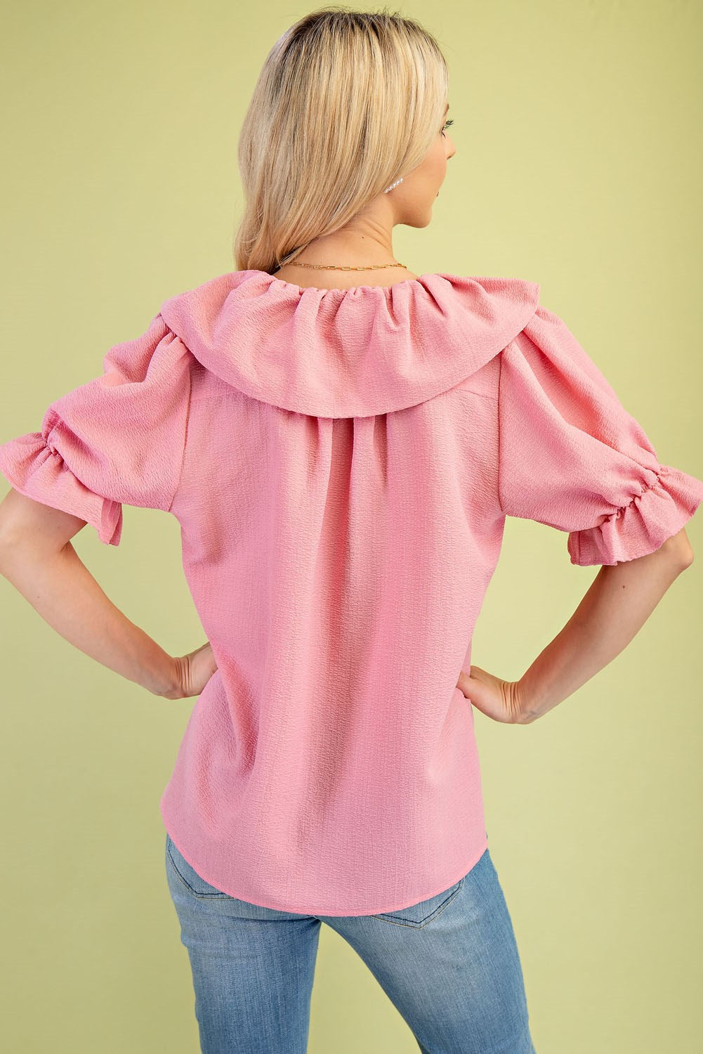 Button Up Women's Blouse with a Frilled Collar and Sleeves