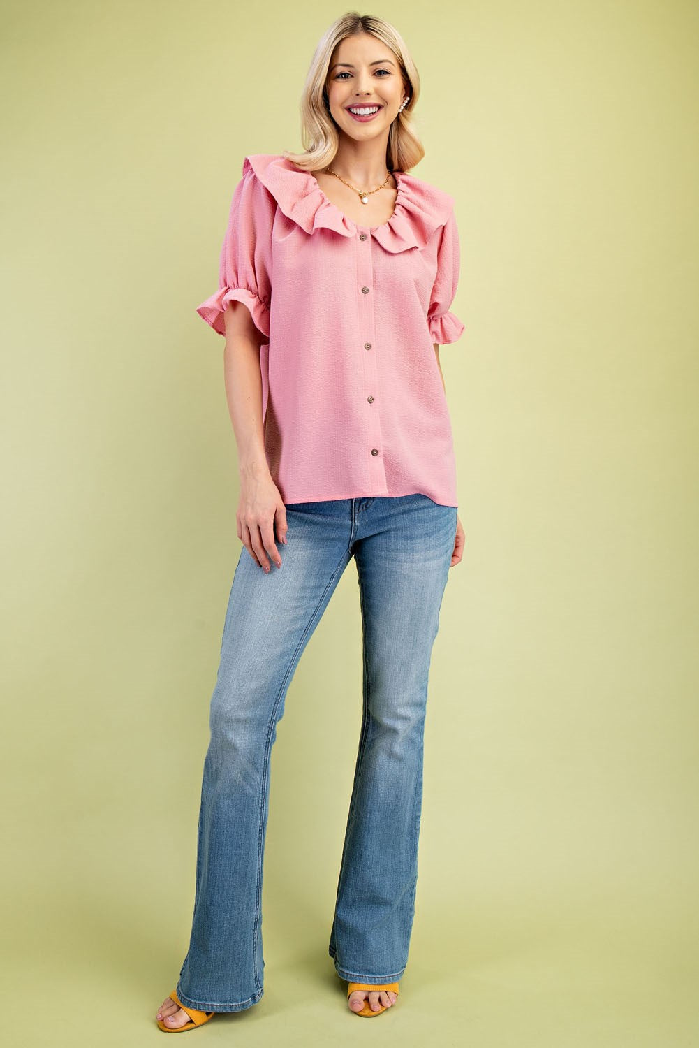 Button Up Women's Blouse with a Frilled Collar and Sleeves
