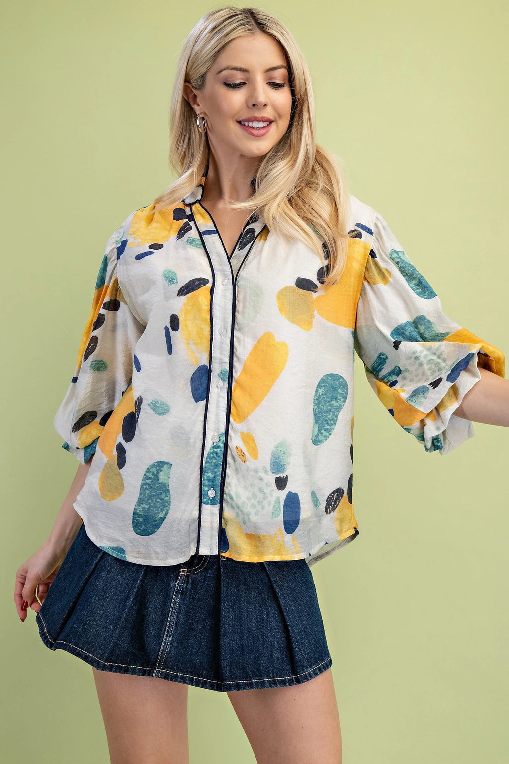 Printed Blouse with Gathered Balloon Sleeves (Plus Size)
