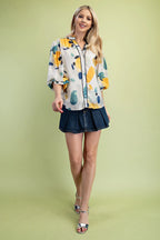 Printed Blouse with Gathered Balloon Sleeves (Plus Size)