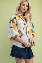 Printed Blouse with Gathered Balloon Sleeves (Plus Size)