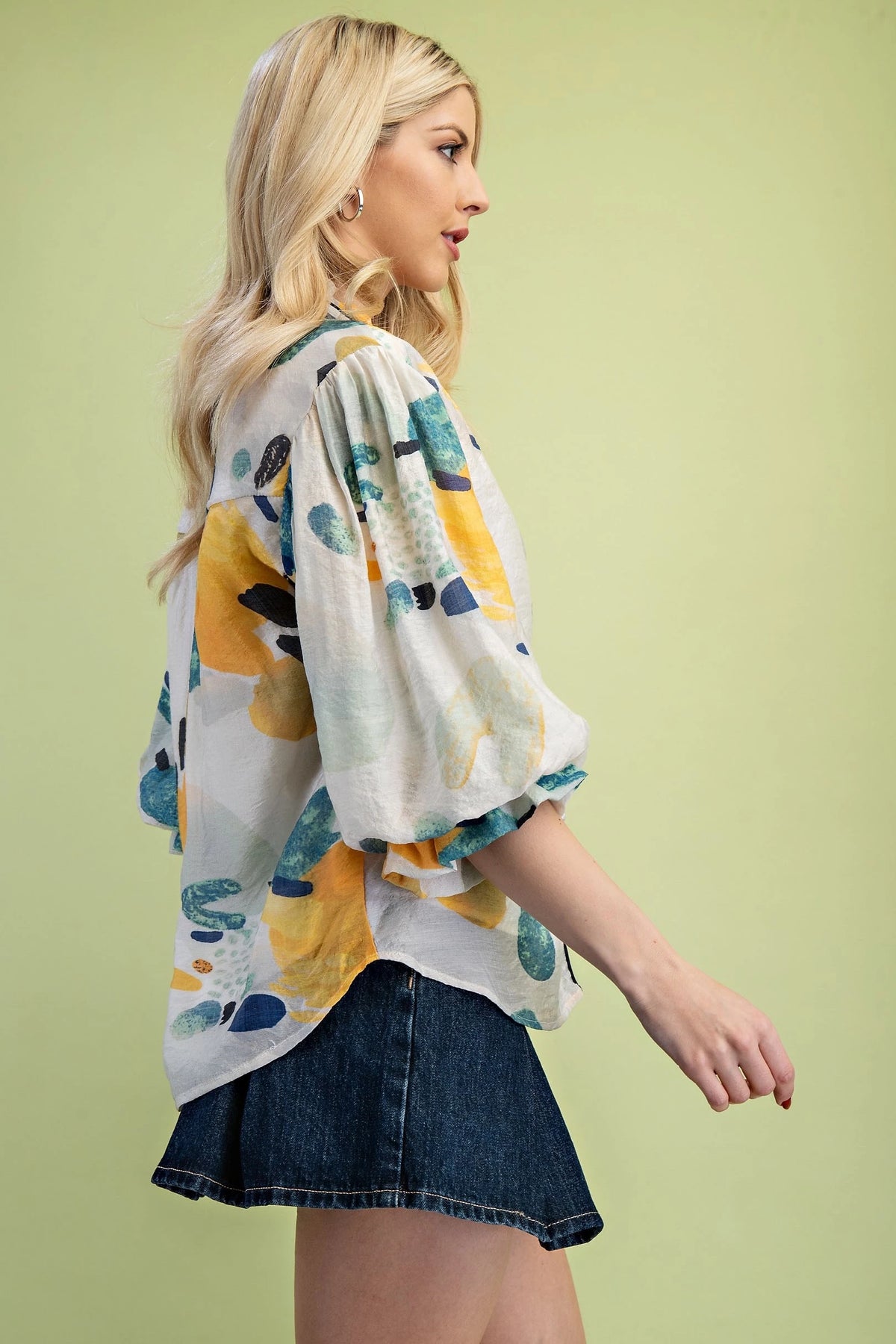 Printed Blouse with Gathered Balloon Sleeves (Plus Size)