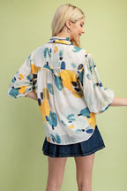Printed Blouse with Gathered Balloon Sleeves (Plus Size)
