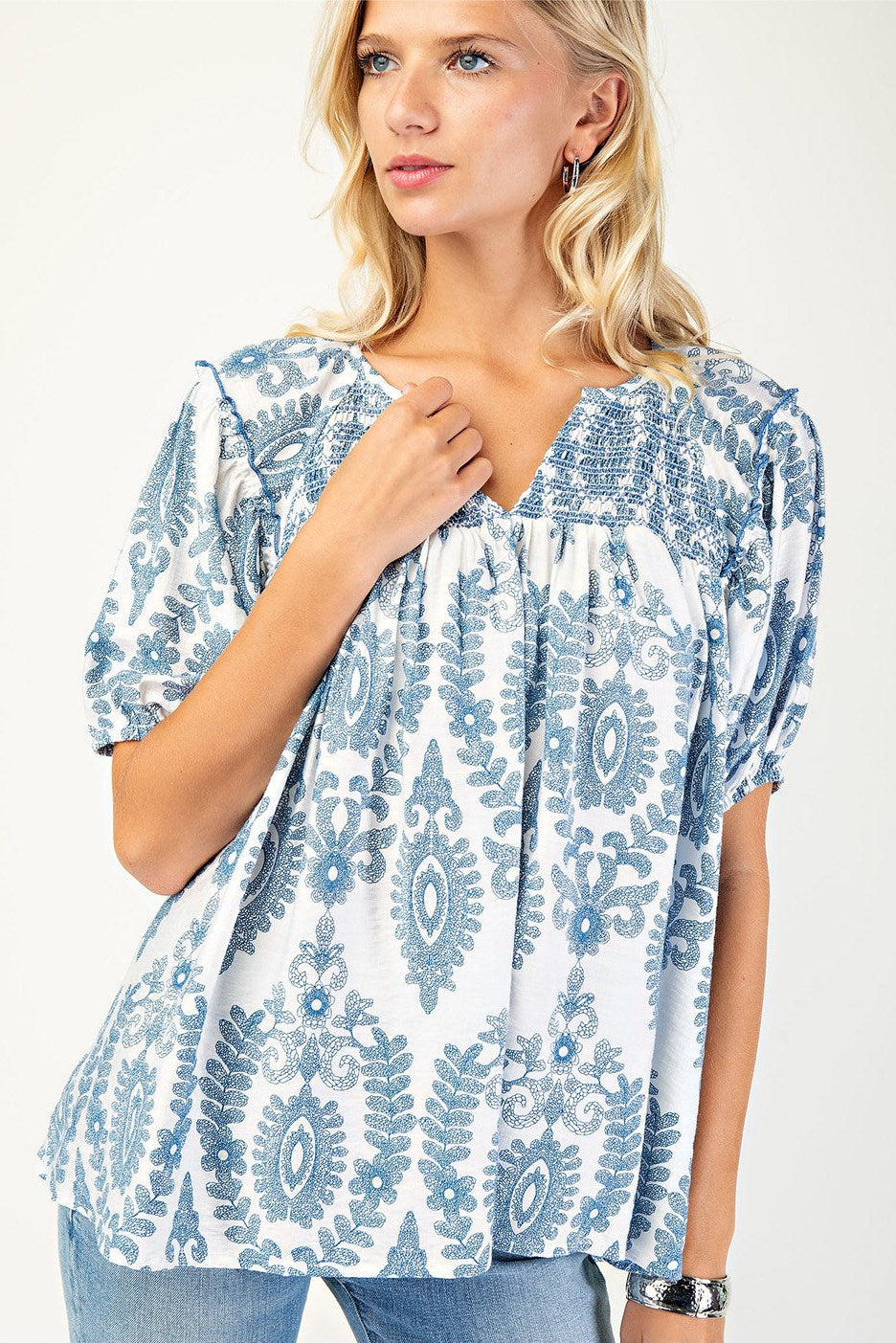 Short Sleeve Top with Smocking on Front and Back