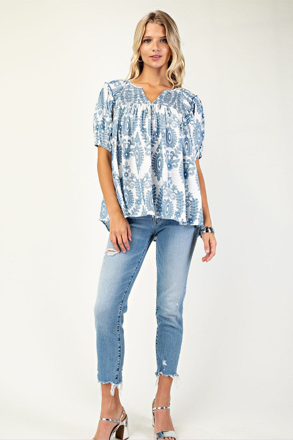 Short Sleeve Top with Smocking on Front and Back