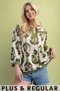 Floral Print 3/4 Sleeve Blouse (Plus Size)