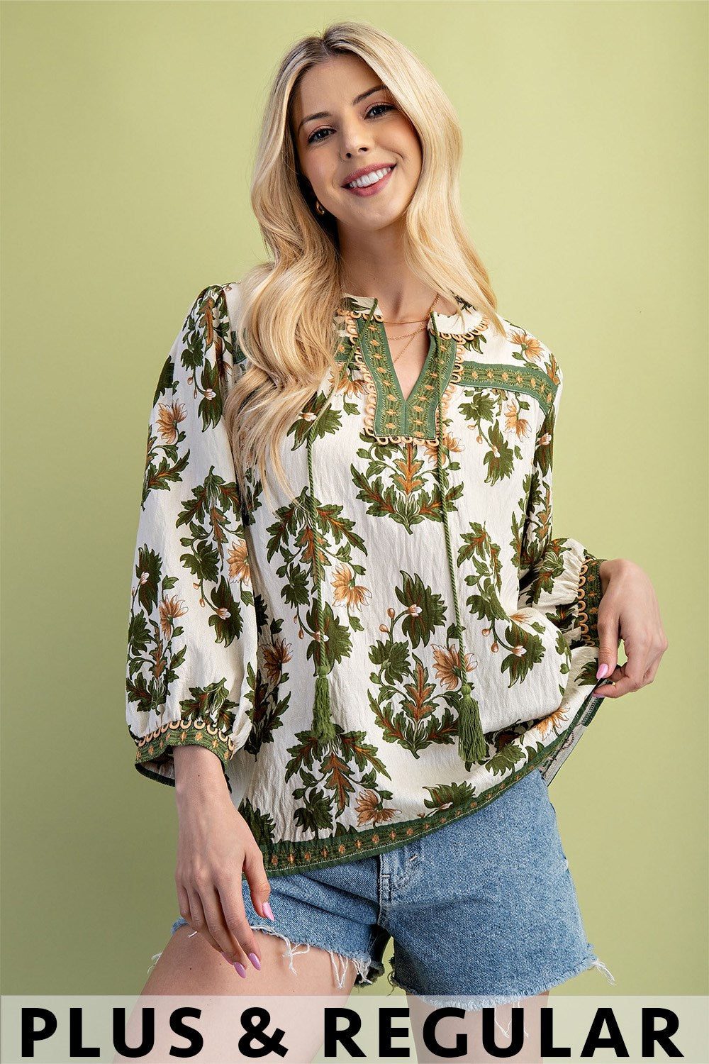 Floral Print 3/4 Sleeve Blouse (Plus Size)