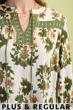 Floral Print 3/4 Sleeve Blouse (Plus Size)