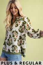 Floral Print 3/4 Sleeve Blouse (Plus Size)