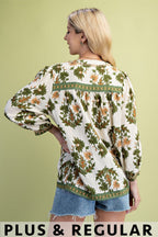 Floral Print 3/4 Sleeve Blouse (Plus Size)