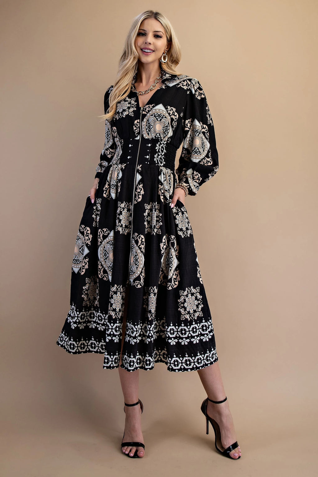 Tile Print Long Sleeve Midi Dress