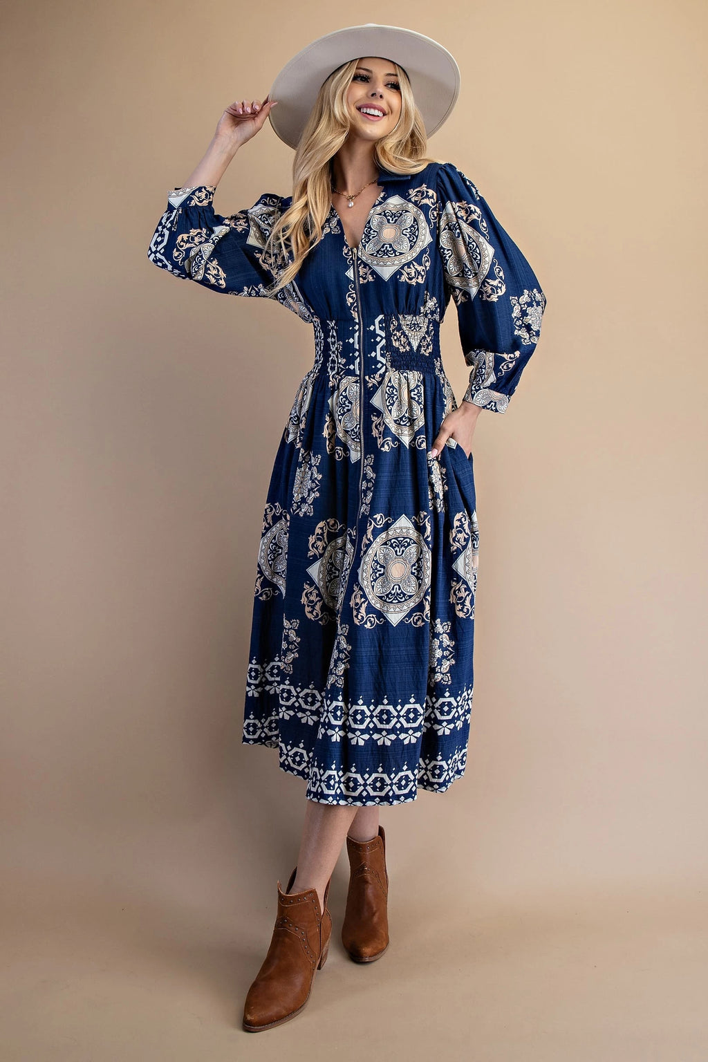 Tile Print Long Sleeve Midi Dress