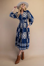 Tile Print Long Sleeve Midi Dress