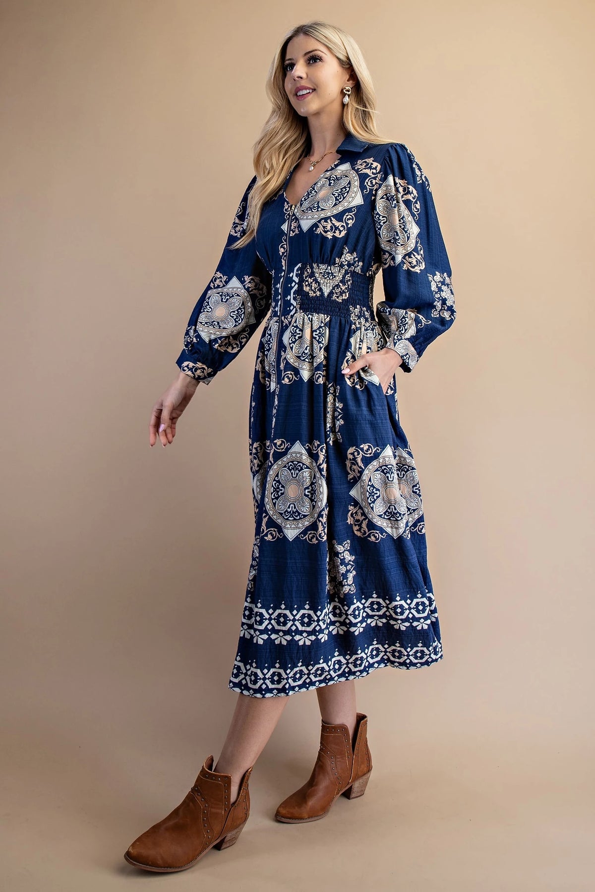 Tile Print Long Sleeve Midi Dress