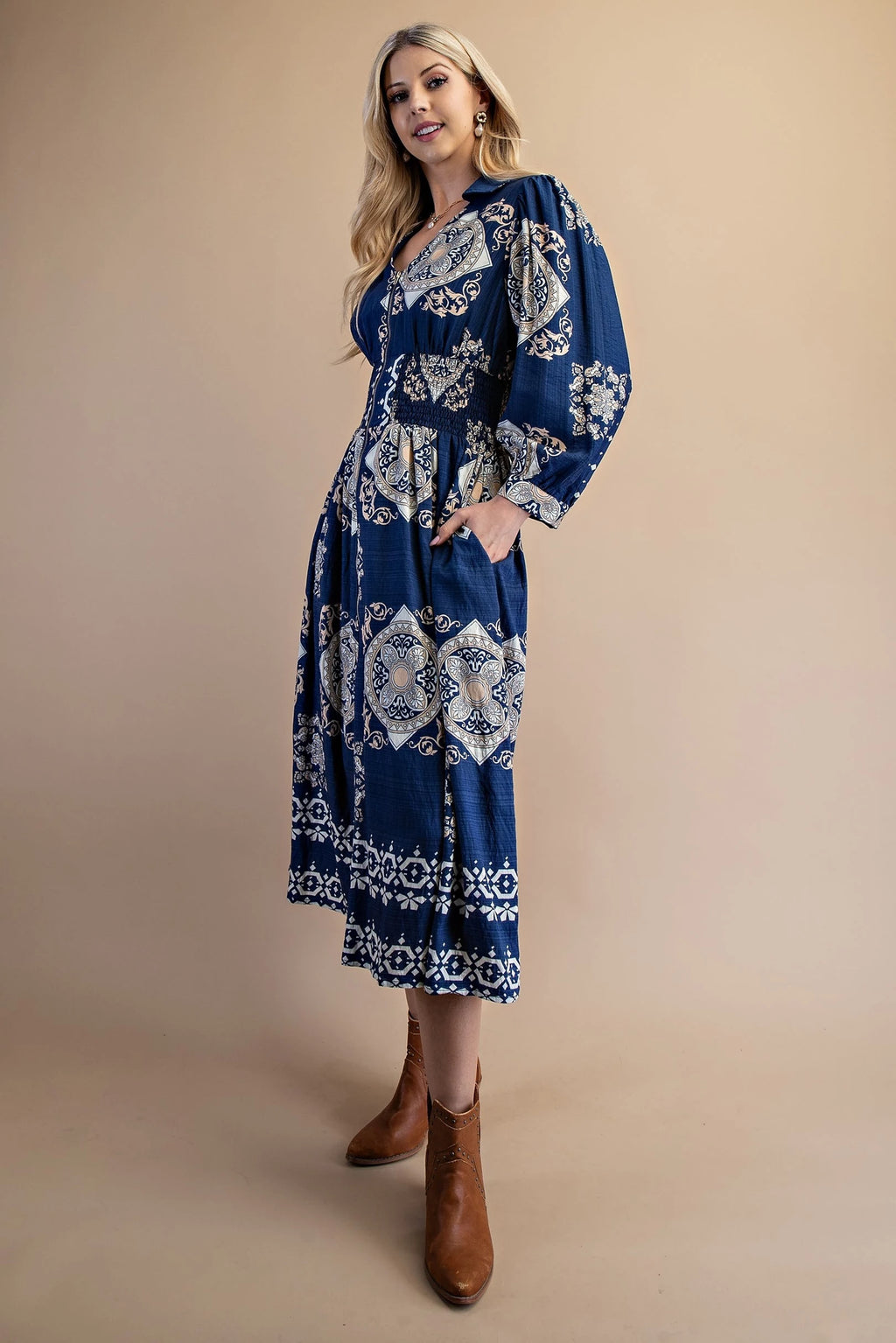 Tile Print Long Sleeve Midi Dress