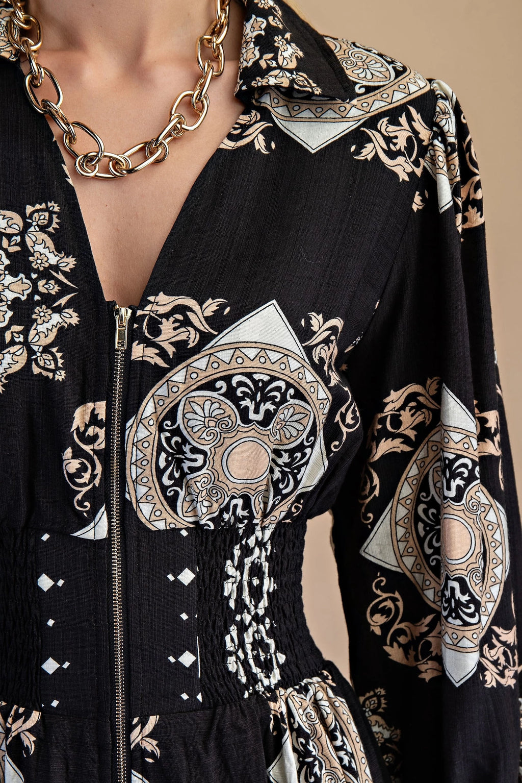 Tile Print Long Sleeve Midi Dress