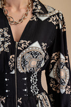 Tile Print Long Sleeve Midi Dress