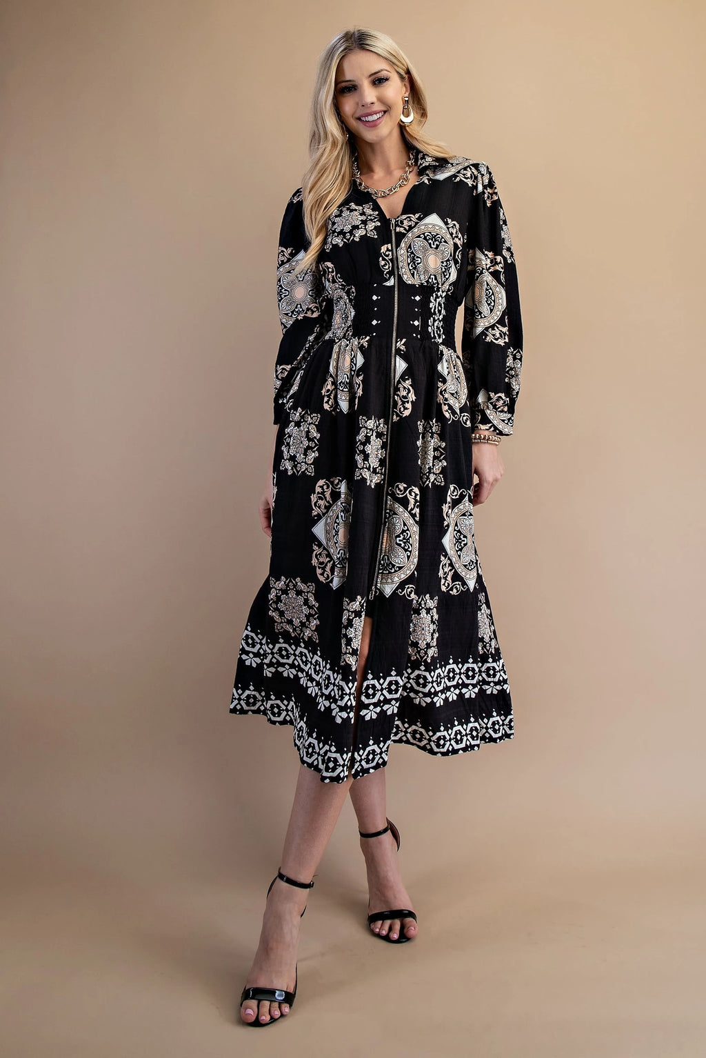 Tile Print Long Sleeve Midi Dress