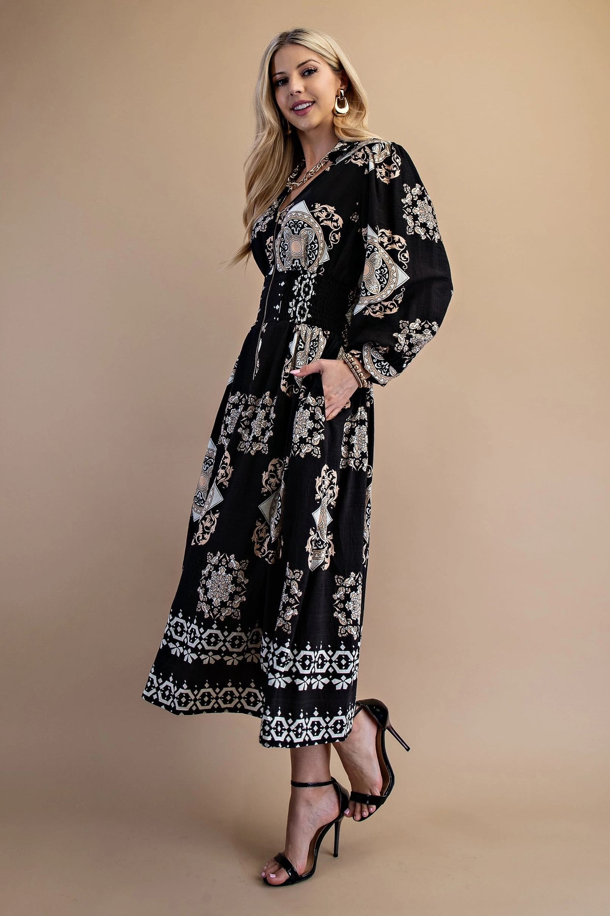 Tile Print Long Sleeve Midi Dress