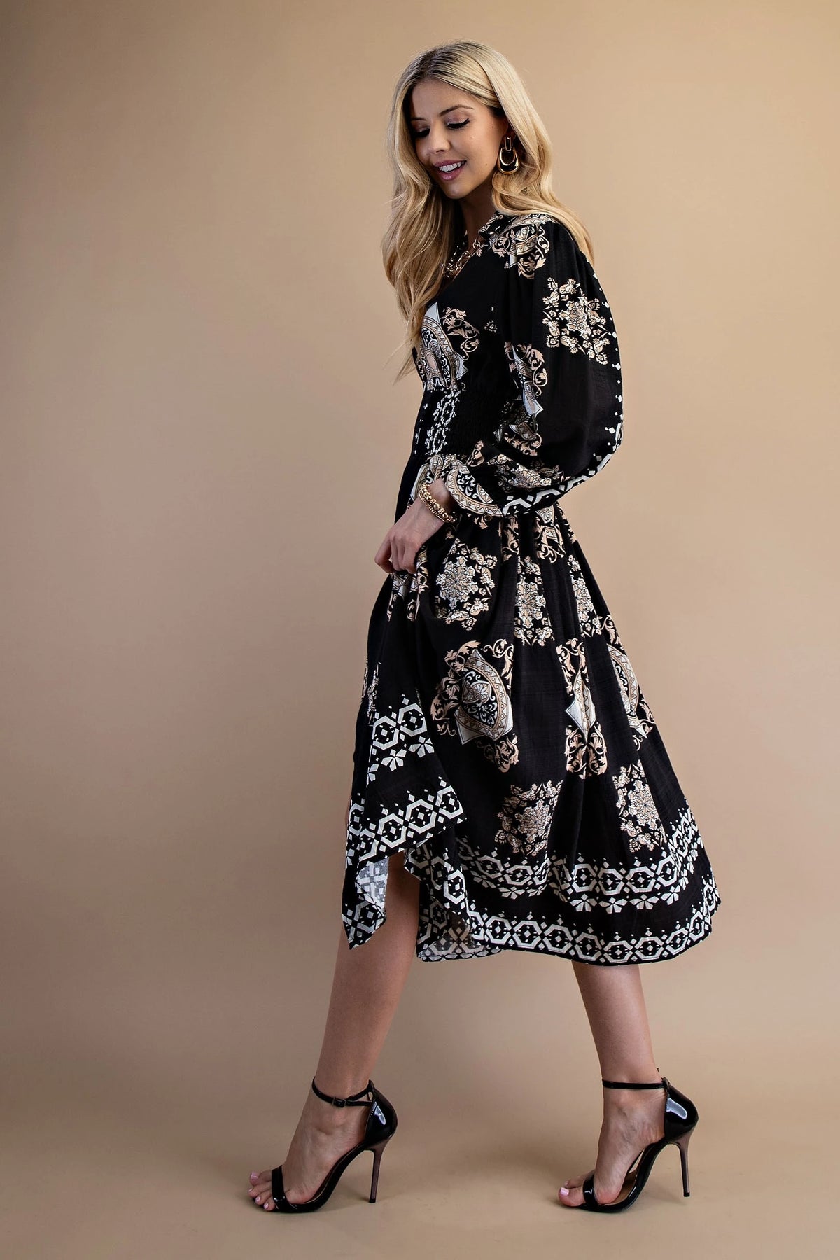Tile Print Long Sleeve Midi Dress