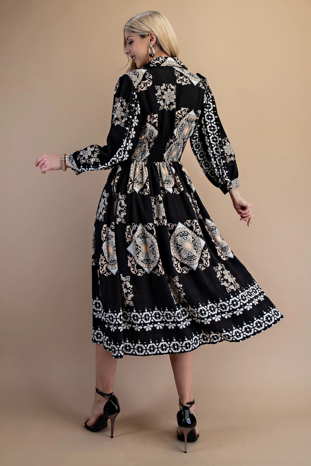 Tile Print Long Sleeve Midi Dress