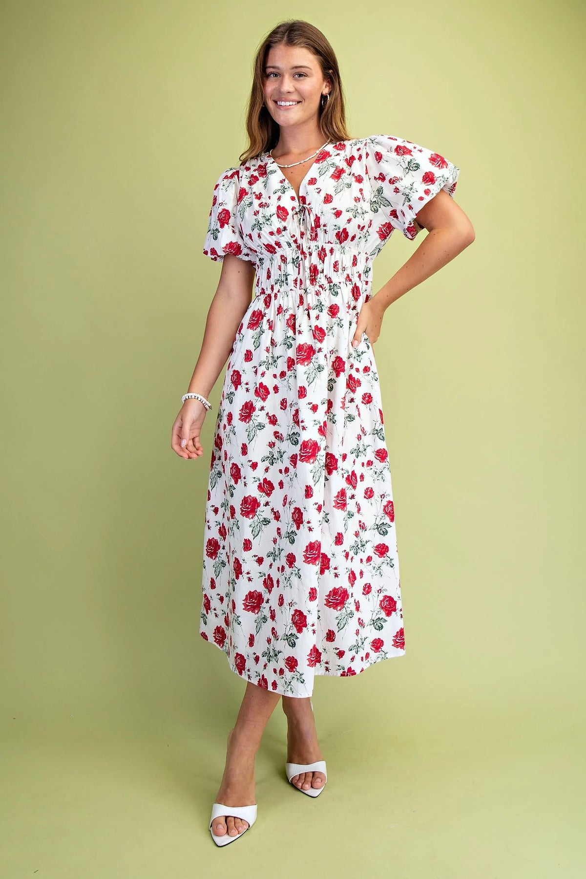 Rose Print Puff Sleeve Midi Dress