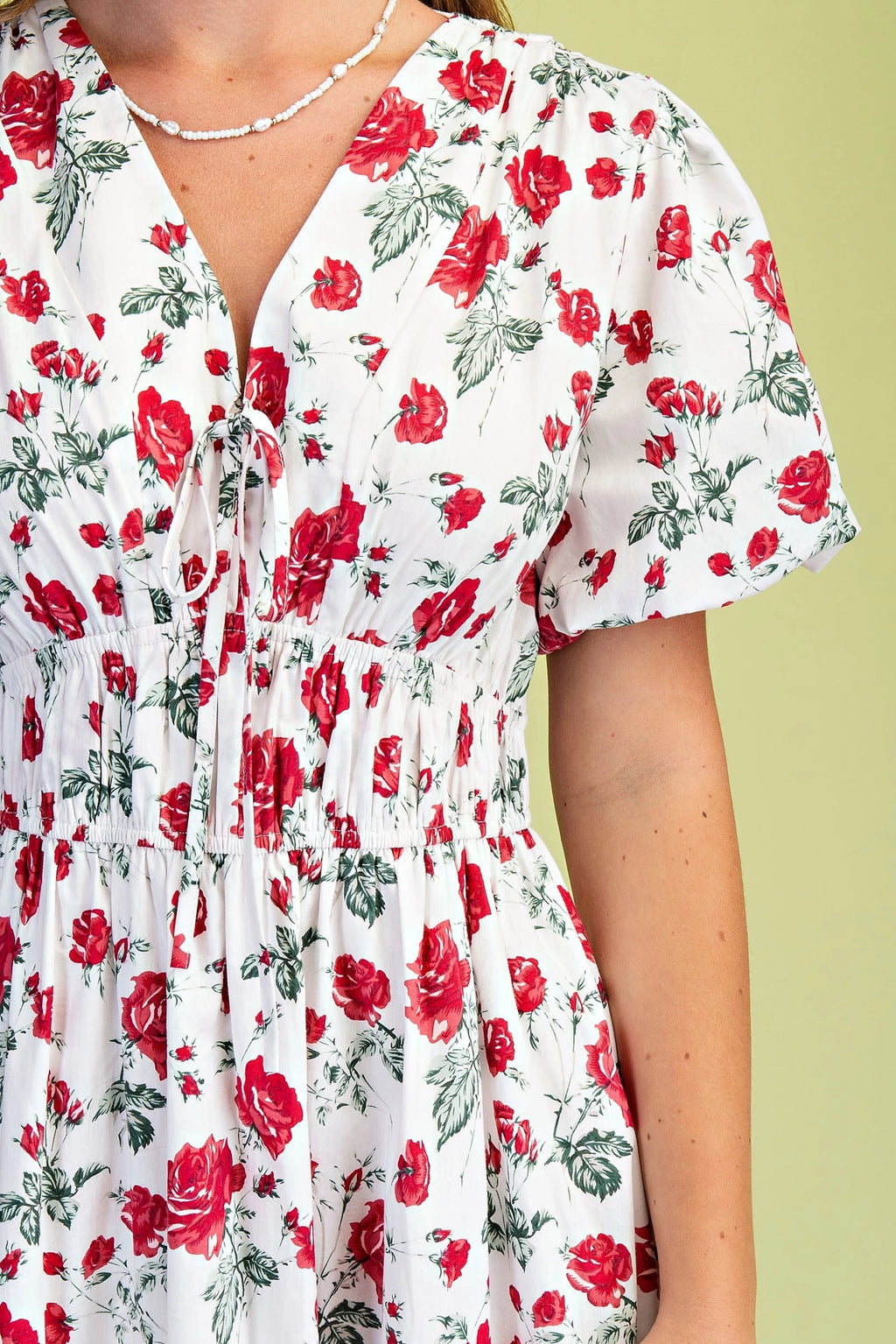 Rose Print Puff Sleeve Midi Dress