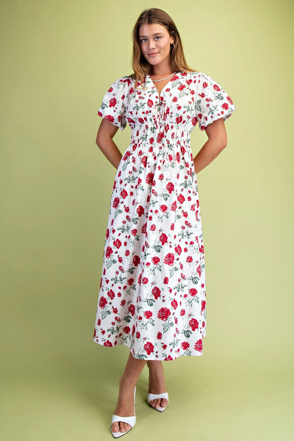 Rose Print Puff Sleeve Midi Dress