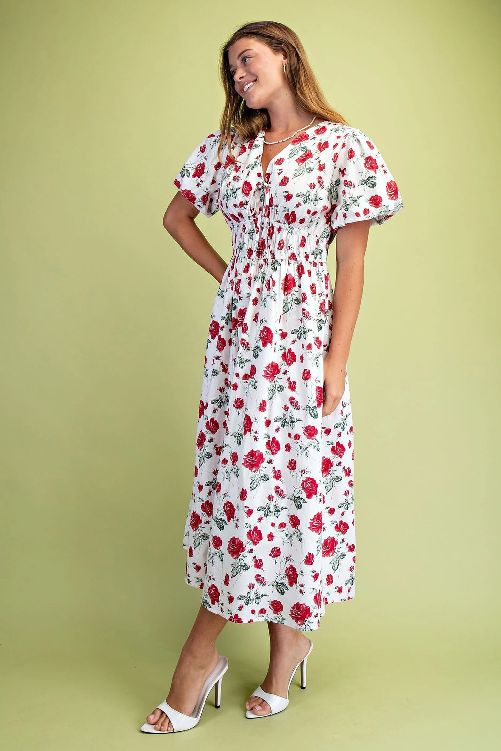 Rose Print Puff Sleeve Midi Dress
