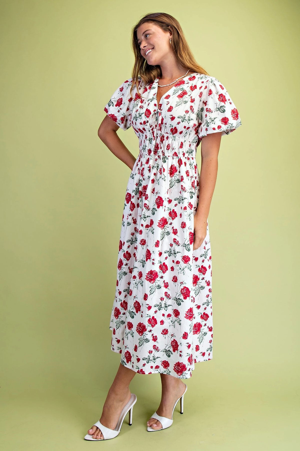 Rose Print Puff Sleeve Midi Dress