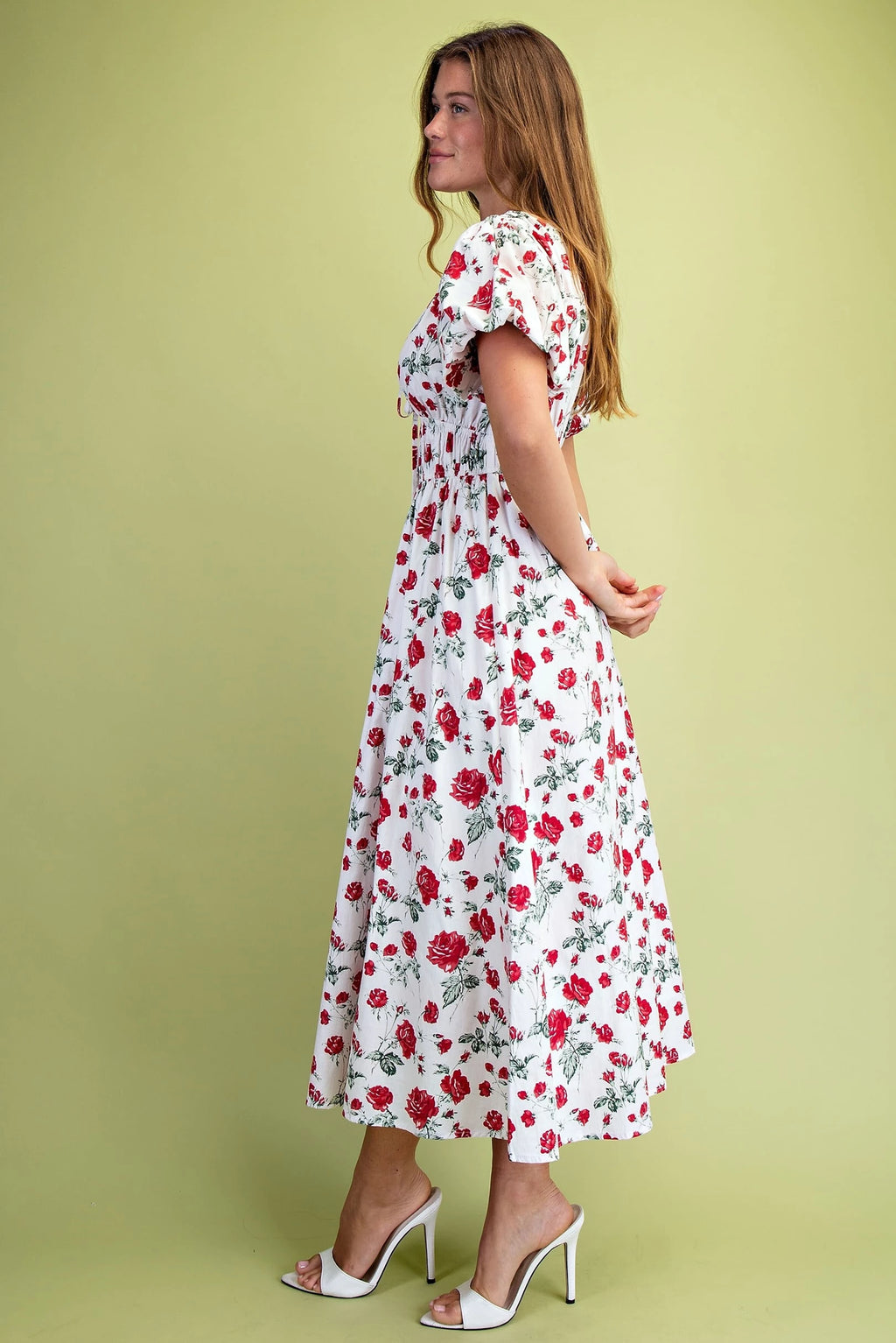 Rose Print Puff Sleeve Midi Dress
