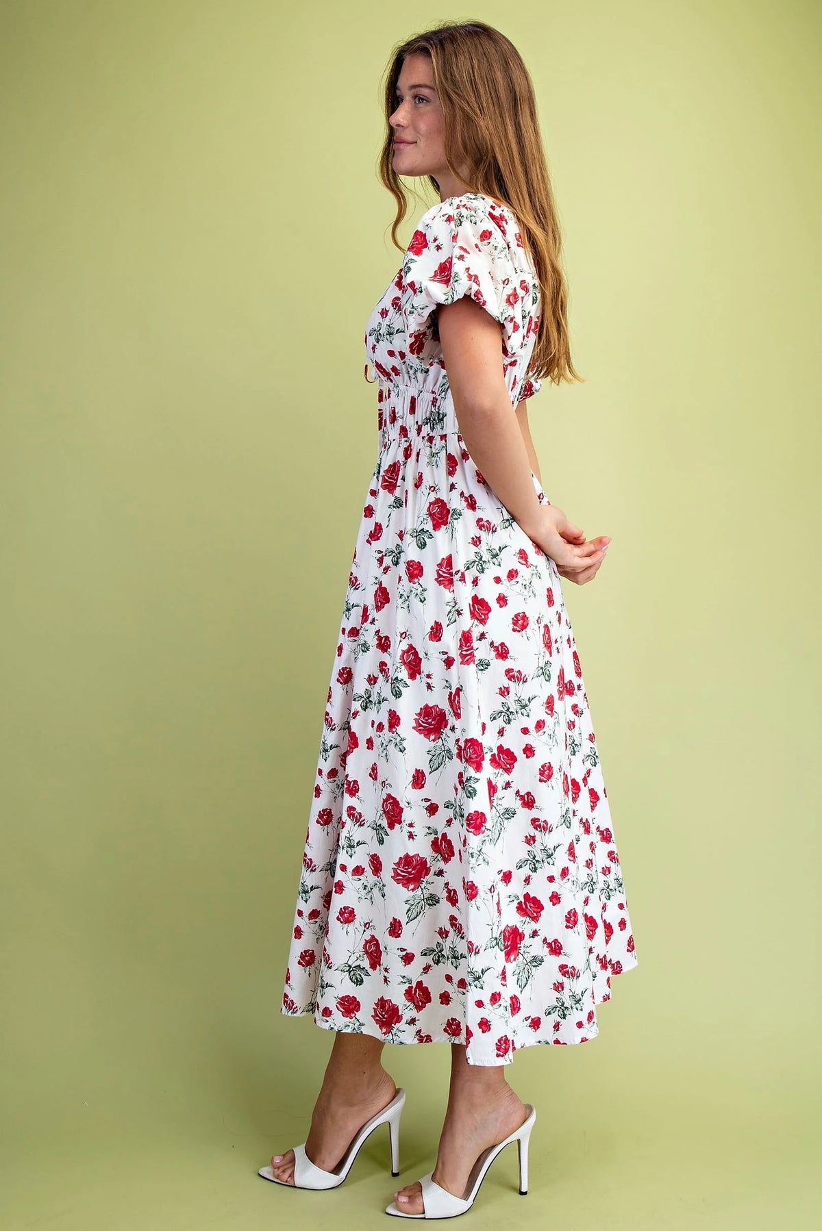 Rose Print Puff Sleeve Midi Dress