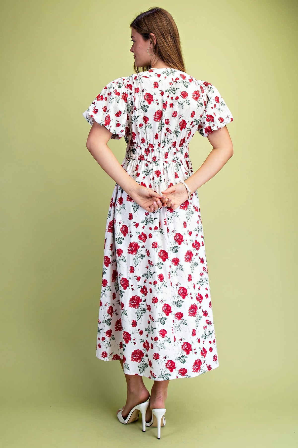 Rose Print Puff Sleeve Midi Dress