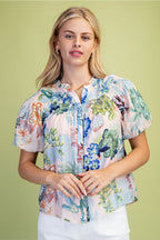 Women's Plus Size Floral Short Puff Sleeve Button Down Blouse